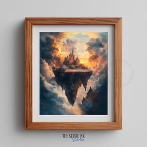 May include: Framed art print depicting a fantasy scene. A castle is perched on a floating island, enveloped by clouds and a fiery sunset. The artwork is presented in a wooden frame, enhancing its visual appeal.