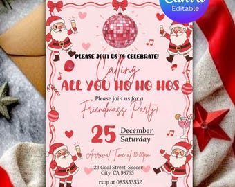 Könnte beinhalten: Eine rosa Weihnachtsparty-Einladung mit Illustrationen des Weihnachtsmanns, einer Discokugel und dem Text "Calling All You Ho Ho Hos". Die Einladung enthält Datum, Uhrzeit und Ort der Veranstaltung.