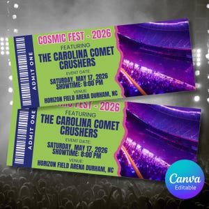 Puede incluir: Dos entradas para el Cosmic Fest 2026 con The Carolina Comet Crushers. Las entradas tienen un fondo verde con detalles morados y rosas. El evento es el sábado 17 de mayo de 2026 a las 20:00 horas en el Horizon Field Arena Durham, NC.