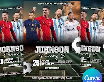 Editable Soccer Birthday Invitation Template, Personalized Sports Party, Football Stars, Messi, Ronaldo, Mbappé, Neymar, RSVP Printable