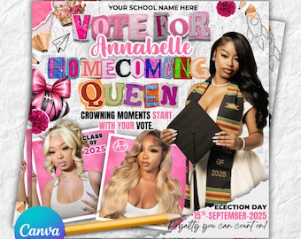 Homecoming Queen Flyer, Homecoming King flyer, homecoming campaign flyer, Vote Homecoming, HOCO Flyer, Vote for me Flyer, Canva Editable
