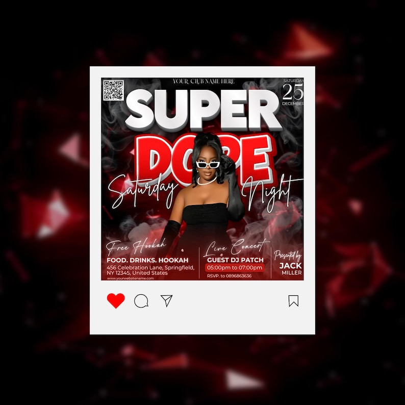 Puede incluir: Un gr&aacute;fico promocional para un evento de s&aacute;bado por la noche. El dise&ntilde;o presenta las palabras "SUPER DOPE Saturday Night" en negrita, con fuentes estilizadas. Una mujer con un vestido negro y gafas de sol est&aacute; en el centro. Detalles incluyen "Free Hookah" y "Live Concert".
