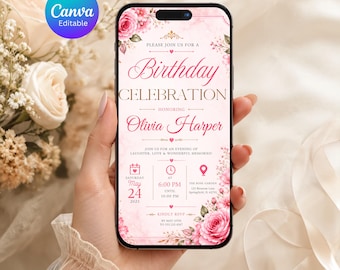 Pink Floral Birthday Invitation. Digital Animated Elegant Ladies Any Age Party Invite. Flowers Theme Womens eVite. Instant Download.