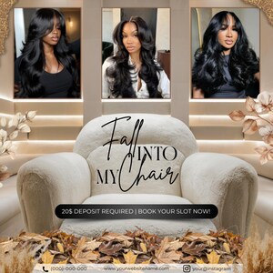 Puede incluir: Anuncio con tres mujeres con cabello largo, negro y ondulado. El texto "Fall Into My Chair" se muestra en un sill&oacute;n crema. La parte inferior de la imagen tiene hojas ca&iacute;das y el texto "20$ DEPOSIT REQUIRED | BOOK YOUR SLOT NOW!"