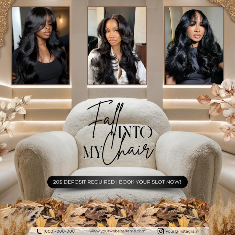 Puede incluir: Anuncio con tres mujeres con cabello largo, negro y ondulado. El texto "Fall Into My Chair" se muestra en un sill&oacute;n crema. La parte inferior de la imagen tiene hojas ca&iacute;das y el texto "20$ DEPOSIT REQUIRED | BOOK YOUR SLOT NOW!"
