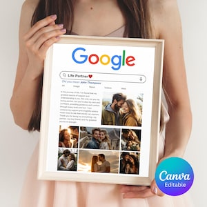Puede incluir: Un marco con un marco de madera clara. La impresión presenta una barra de búsqueda de Google con la consulta "Life Partner" y una serie de fotos románticas. El texto dice "Did you mean John Thompson". El logotipo de Canva es visible.