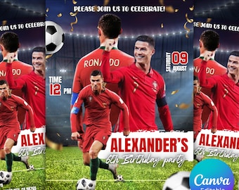 Invito di compleanno di Cristiano Ronaldo, invito modificabile per festa di calcio, tema calcistico CR7, download immediato
