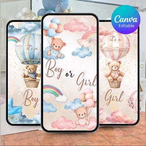 Peut inclure: Trois écrans de téléphone affichant des designs pour une baby shower. Les designs présentent des ours en peluche, des montgolfières, des arcs-en-ciel et le texte "It's a Boy" ou "It's a Girl". L'arrière-plan est de style aquarelle avec des couleurs pastel.