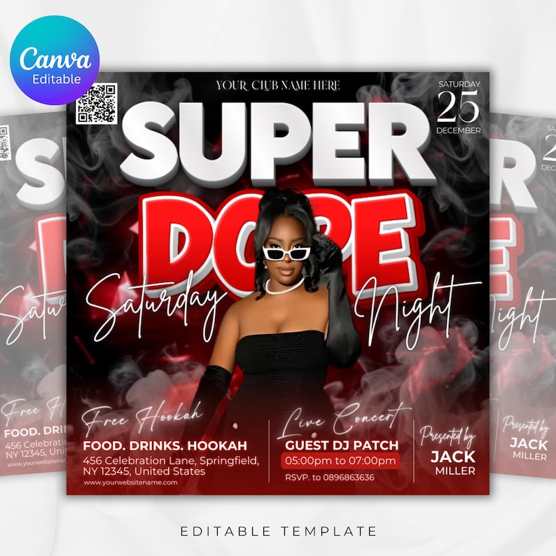 Puede incluir: Un folleto promocional para un evento del s&aacute;bado por la noche. El dise&ntilde;o presenta las palabras "SUPER DOPE Saturday Night" en letras blancas y rojas en negrita. Una mujer con gafas de sol est&aacute; en el centro. El folleto incluye detalles del evento y el texto "Editable Template."