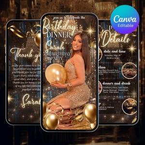 Birthday Dinner Digital Invitation, Birthday Evite, Canva Editable Template , Birthday Girl, Luxury Gold Invite, Elegant Evite for Women