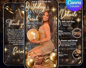 Elegante invitación a cena de cumpleaños en dorado de lujo: Plantilla editable de Canva (descarga digital)