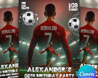 Invito di compleanno di Cristiano Ronaldo, invito modificabile per festa di calcio, tema calcistico CR7, download immediato