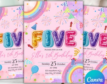Rainbow Sequin 5th Birthday Invitation Template: Editable Canva Design (PDF File)