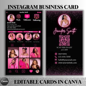 May include: A black and pink Instagram business card design. The card features a mock-up of an Instagram profile with photos and contact information. The card also includes a QR code for a 20% discount and the text "EDITABLE CARDS IN CANVA."