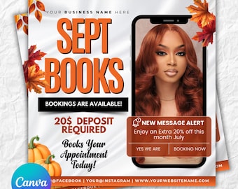 Folleto de reservas de septiembre, folleto de septiembre, folleto de reserva de citas de septiembre, folleto de reservas de otoño, folleto de MUA Nails Lash Braids Hair, Canva