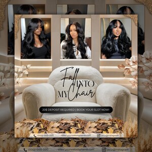 Puede incluir: Anuncio con tres retratos de mujeres con cabello largo y negro. Una butaca crema es el elemento central, con el texto "Fall Into My Chair". La imagen incorpora hojas de oto&ntilde;o y decoraciones florales, con datos de contacto en la base.