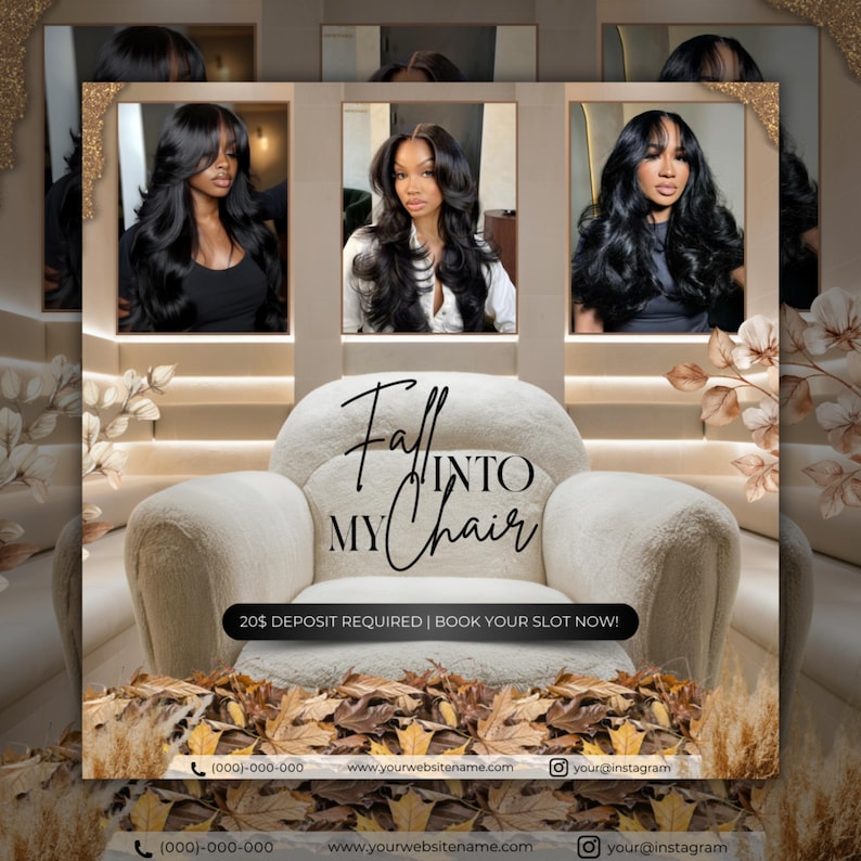Puede incluir: Anuncio con tres retratos de mujeres con cabello largo y negro. Una butaca crema es el elemento central, con el texto "Fall Into My Chair". La imagen incorpora hojas de oto&ntilde;o y decoraciones florales, con datos de contacto en la base.