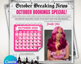 Plantilla de volante de reservas de octubre Reserva ahora en octubre Reservas mensuales Volante del calendario de octubre Citas de octubre Cabello, uñas, pestañas, pelucas y trenzas
