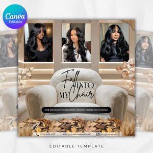 Puede incluir: Anuncio de una peluquer&iacute;a con tres mujeres con cabello largo y oscuro. El texto "Fall Into My Chair" se muestra en un sill&oacute;n color crema. La imagen incluye el texto "&iexcl;Se requiere un dep&oacute;sito de $20 | Reserva tu cita ahora!"