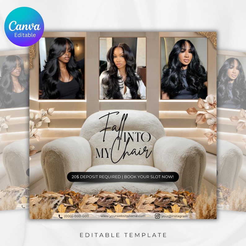 Puede incluir: Anuncio de una peluquer&iacute;a con tres mujeres con cabello largo y oscuro. El texto "Fall Into My Chair" se muestra en un sill&oacute;n color crema. La imagen incluye el texto "&iexcl;Se requiere un dep&oacute;sito de $20 | Reserva tu cita ahora!"