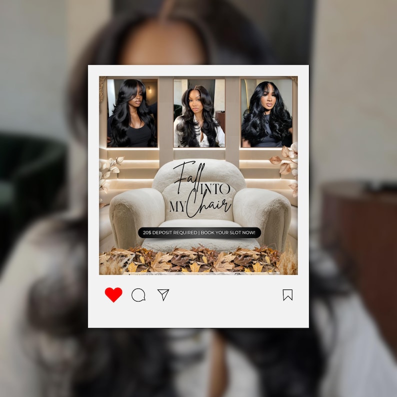 Puede incluir: Un gr&aacute;fico estilo Instagram con tres im&aacute;genes enmarcadas de mujeres con cabello largo y negro ondulado. Debajo, un sill&oacute;n crema con el texto "Fall Into My Chair" e informaci&oacute;n de reserva. El fondo incluye hojas de oto&ntilde;o y elementos decorativos.