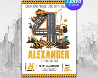 Construction Birthday Invitation, Construction Invitation, Dump Truck Party Invite, 3rd Birthday Invite Template, Editable Canva Template
