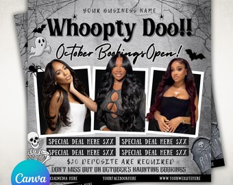 Może przedstawiać: Promocyjna ulotka o tematyce Halloween z tekstem "Whoopty Doo!! October Bookings Open!" i trzema portretami kobiet. Ulotka zawiera upiorną grafikę, taką jak nietoperze, duchy i szkielet. Zawiera również pola tekstowe ze szczegółami promocyjnymi.