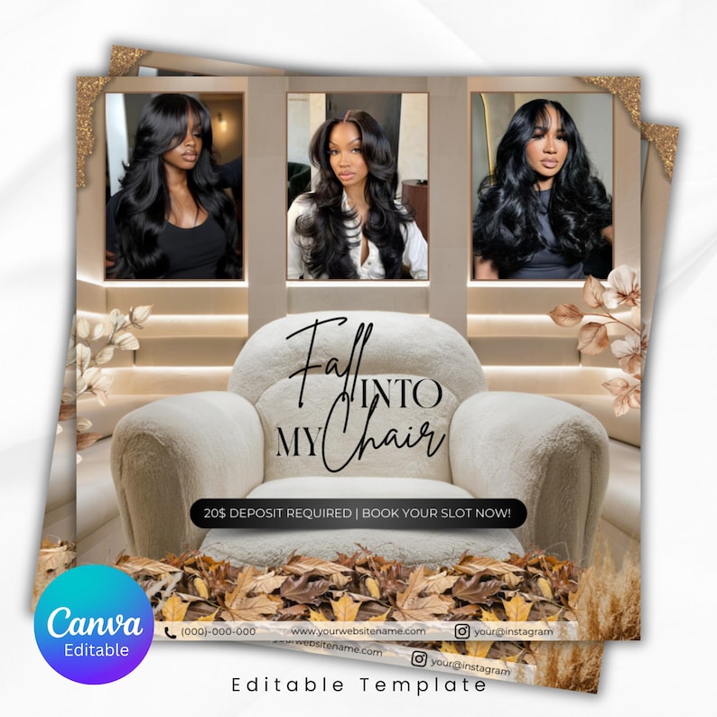 Puede incluir: Un anuncio con tres mujeres con cabello largo y negro. El texto "Fall into my Chair" se muestra sobre un sill&oacute;n color crema. La parte inferior de la imagen tiene hojas ca&iacute;das y el texto "Editable Template".