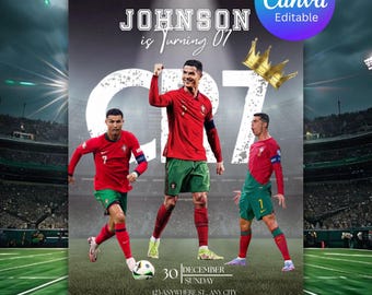 Invito di compleanno di Ronaldo, invito CR7, invito modificabile di Ronaldo, invito di calcio, modello Canva, download immediato, QUALSIASI ETÀ