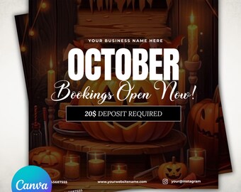 Libros de octubre abiertos, folleto de citas de otoño, diseño de folleto de peluquería, maquillador, citas disponibles, folleto de reservas de octubre, técnico de pestañas