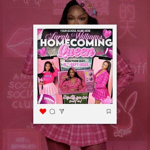 May include: A digital flyer for a homecoming queen election featuring the text Sarah Williams Homecoming Queen Election Day 15th-Sept-2025. The design includes three photos of a person in pink outfits, pink hearts, a football, and a vintage television.
