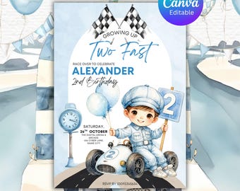 Editable Two Fast 2nd Birthday Printable Invitation Grow Up Two Curious Race Car Blue Boy Digital Electronic Invite