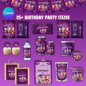 Könnte beinhalten: Eine Sammlung von lila Geburtstagsfeierartikeln, darunter Banner, Snackbeutel, Cupcakes, Wasserflaschen und Capri-Sun-Beutel. Die Artikel zeigen den Text "Isabelle Turns 10" und Illustrationen von Zeichentrickfiguren.