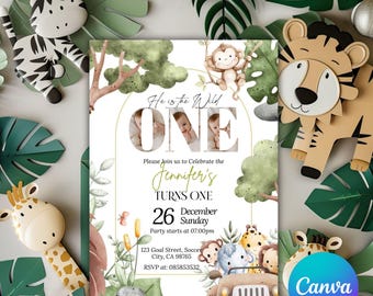 Wild One Birthday Safari Invitation - Editable Digital Download - Jungle Animals 1st Birthday Invite With Photo-Printable & Text Invite