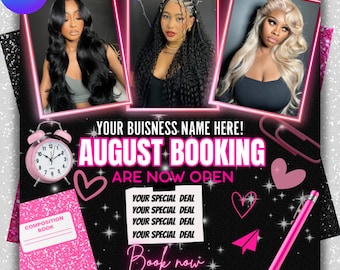 August Booking Flyer, Back To School Flyer, August Flyer, Hair Nail Lash Braid Wig, August flyer, August Books Open, DIY Editable Flyer