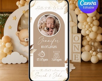Digital Birth Announcement - Customizable Canva Template - for WhatsApp & Print, Baby Welcome Card, Digital Birth Announcement