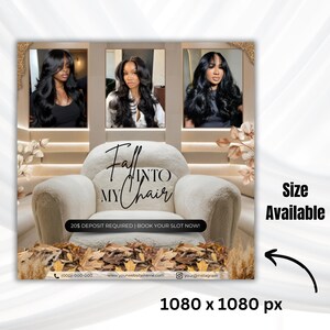 Puede incluir: Anuncio con tres retratos de mujeres con cabello largo y oscuro. El texto "Fall Into My Chair" est&aacute; sobre un sill&oacute;n crema. El anuncio tambi&eacute;n incluye el texto "Se requiere un dep&oacute;sito de $20 | &iexcl;Reserva tu lugar ahora!" e informaci&oacute;n de contacto.