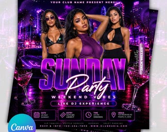 Sunday Party Flyer Template, Club Promotion Flyer, Neon Bar Urban Party Template, Sunday Club Flyer, DIY Event Party Flyer, Canva Editable
