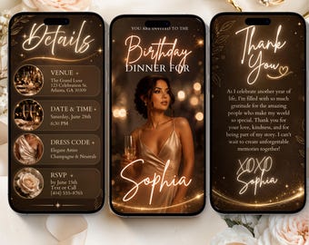 Animated Birthday Invitation Canva Template | Digital Birthday Dinner Invite | Editable Phone Invitation