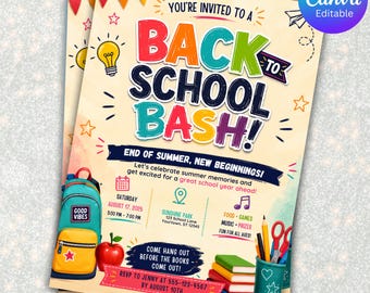 Back To School Bash Party Invitation, Party Invitation, End of Summer Party, Back To School, Editable School Event Invite, Canva Editable