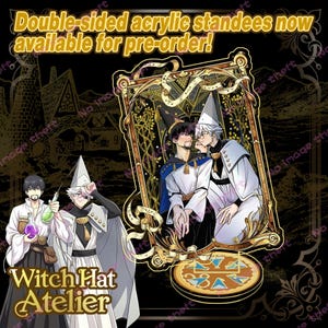May include: Double-sided acrylic standees featuring anime-style characters in wizard attire. The standees are available for pre-order. The image includes the text "Witch Hat Atelier". The standees have a gold and brown frame.
