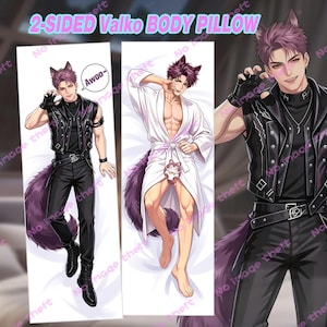 May include: A 2-sided body pillow featuring an anime-style character with purple hair and wolf ears. One side shows the character in a black leather vest and pants with a speech bubble saying Awoo. The other side shows the character in a white robe.