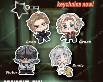 Op RE9 geïnspireerde sleutelhangers | Holografische acrylbedels | Pre-order