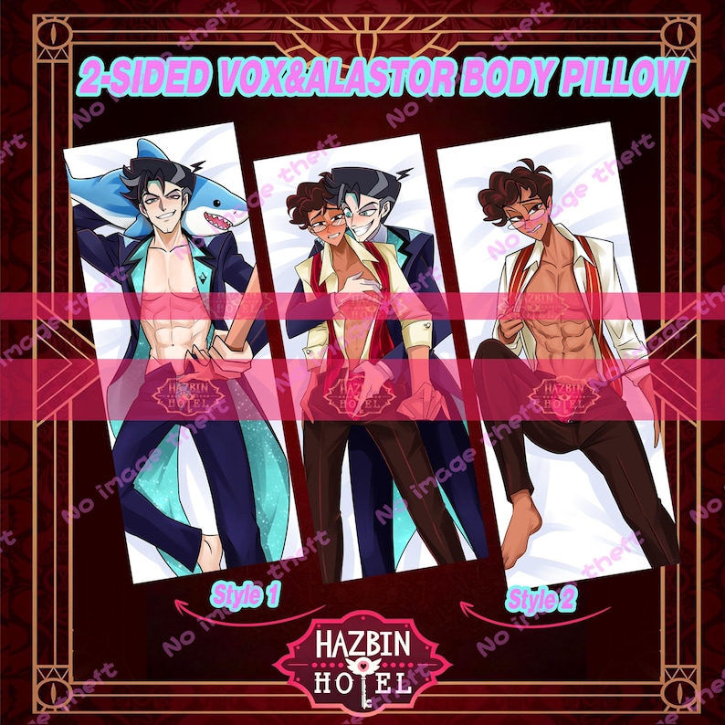 May include: A rectangular body pillow featuring two-sided illustrations of animated characters Vox and Alastor from Hazbin Hotel. The design displays three distinct character poses with varying outfits, including a shark plush accessory and formal wear.
