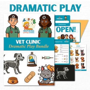 Könnte beinhalten: Ein farbenfrohes "Tierklinik-Rollenspiel-Bundle" mit Illustrationen von Tierärzten, Tieren und medizinischen Werkzeugen. Enthält Patientenformulare, ein "OPEN!"-Schild und ein Hundeskelett. Der Text "DRAMATIC PLAY" steht oben.