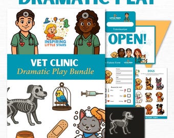 May include: A colorful "Vet Clinic Dramatic Play Bundle" with illustrations of a veterinarian, animals, and medical tools. Includes patient forms, an "OPEN!" sign, and a dog skeleton. The text "DRAMATIC PLAY" is at the top.