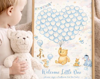 Winnie The Pooh Baby Shower Guest Book Printable, Balloon Signature Poster, Canva Editable Baby Shower Keepsake