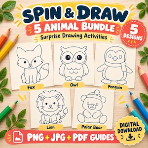 Puede incluir: Un paquete digital Spin & Draw 5 Animal Bundle con cinco tarjetas de actividades de dibujo con arte lineal de zorro, búho, pingüino, león y oso polar. Incluye guías PNG, JPG y PDF con lápices de colores sobre madera.
