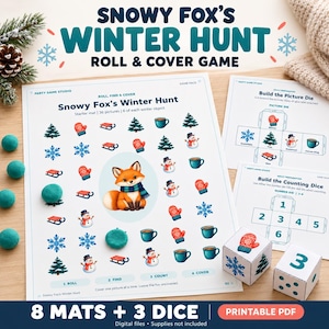 Op de afbeelding: Een printbare Snowy Fox's Winter Hunt roll-and-cover spelset met een speelmat met wintericonen, twee montagevellen voor dobbelstenen en twee papieren dobbelstenen. De mat toont een centrale vossenillustratie omringd door bomen, wanten, sledes, sneeuwpoppen en mokken.