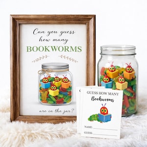 Juego de baby shower con temática de libros, adivina cuántos ratones de biblioteca hay, actividad imprimible para baby shower, decoración de cuentos para baby shower, descarga instantánea